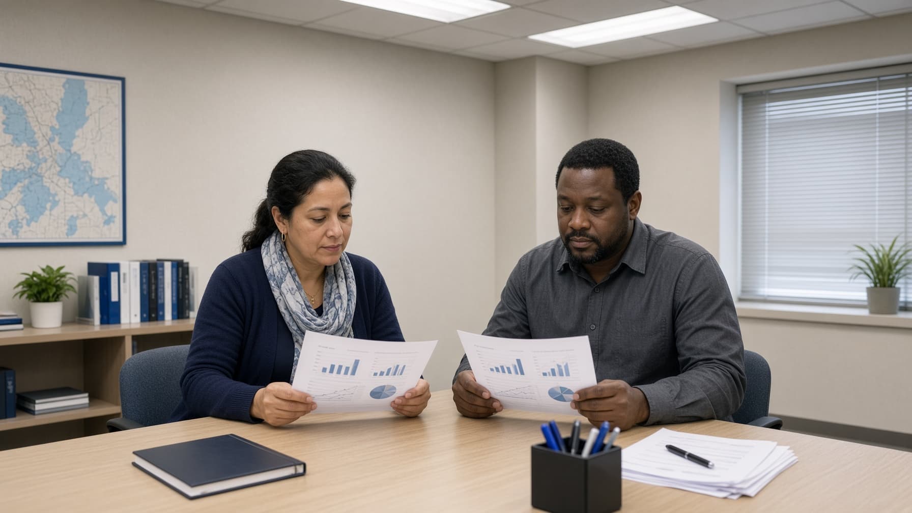 Two colleagues compare printed charts and discuss the findings.