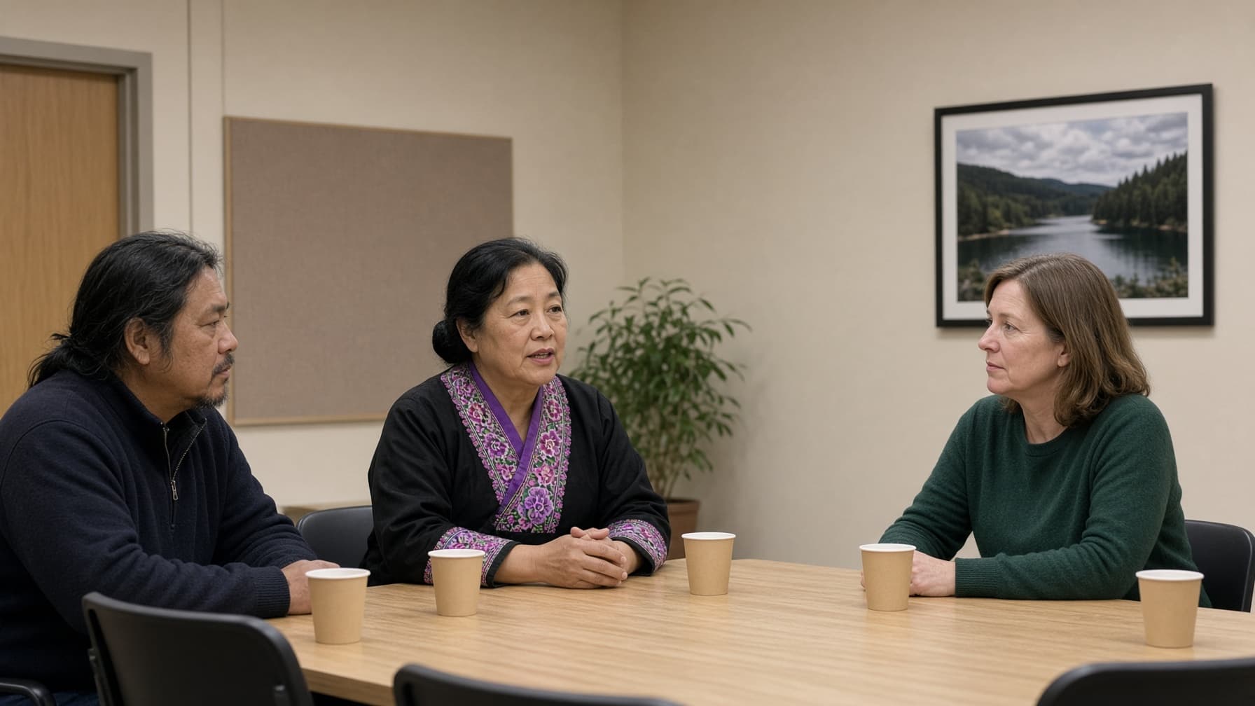 Three people sit around a table for a listening conversation.
