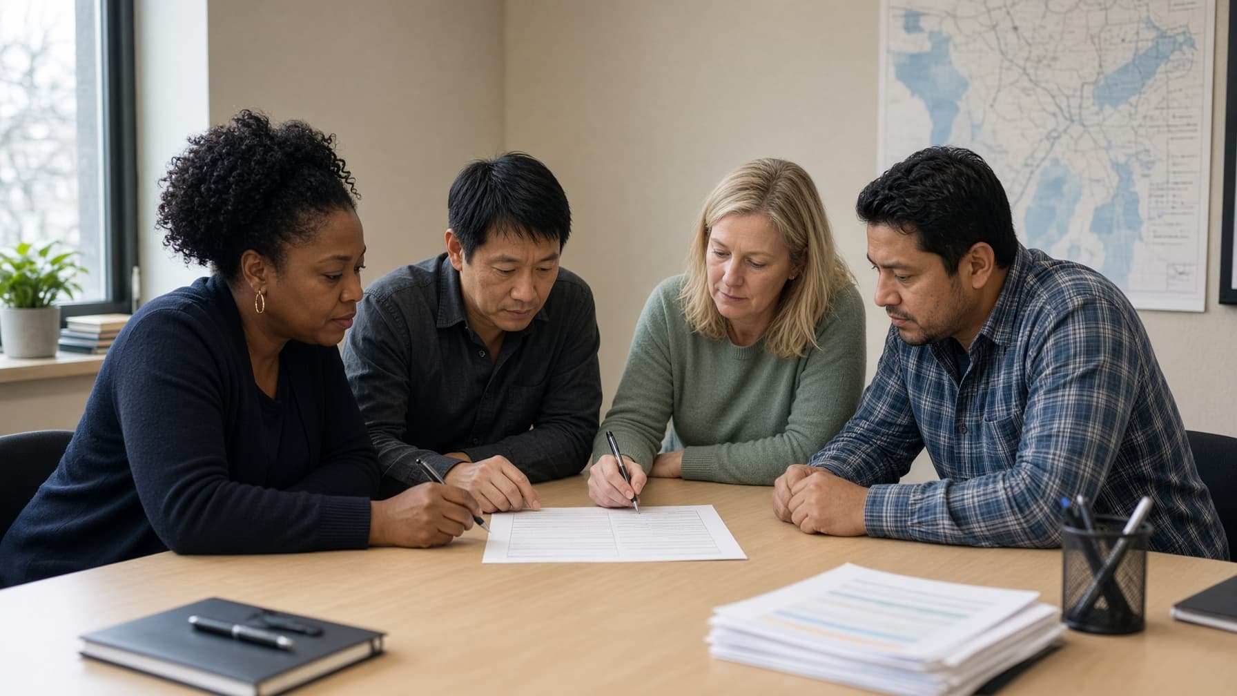 Four colleagues review a document together at a meeting table.