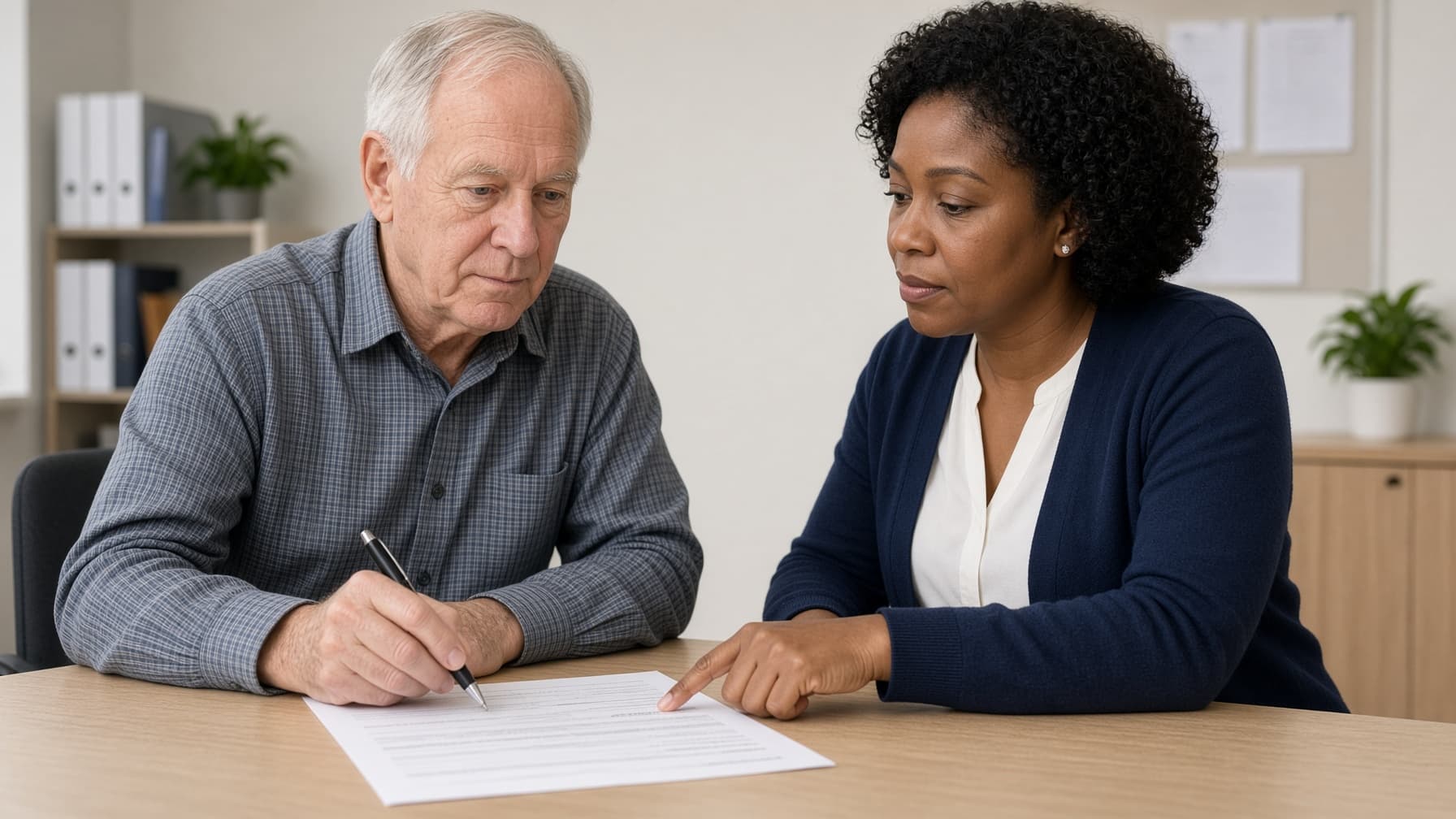 A staff member and an older man review a form together.