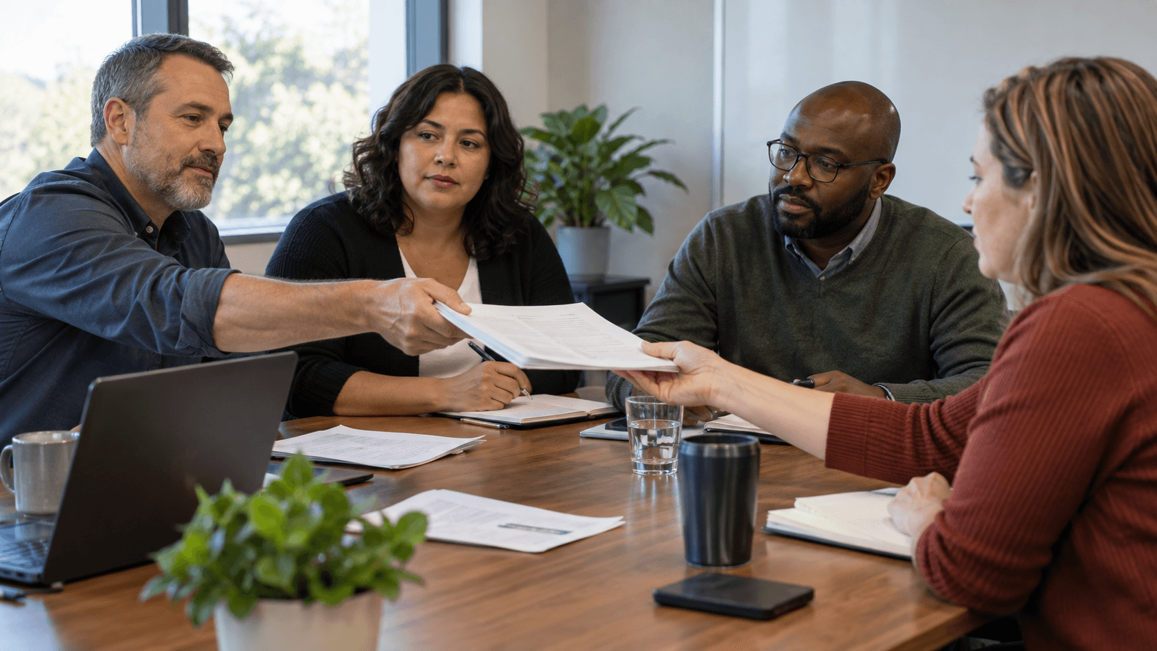 Colleagues at a table with newly shared meeting papers.