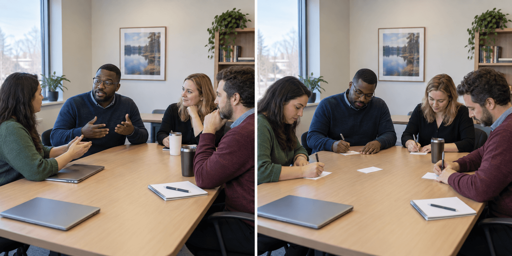 Two fictional meeting moments: on the left colleagues talk around a table; on the right the same colleagues write on response cards.