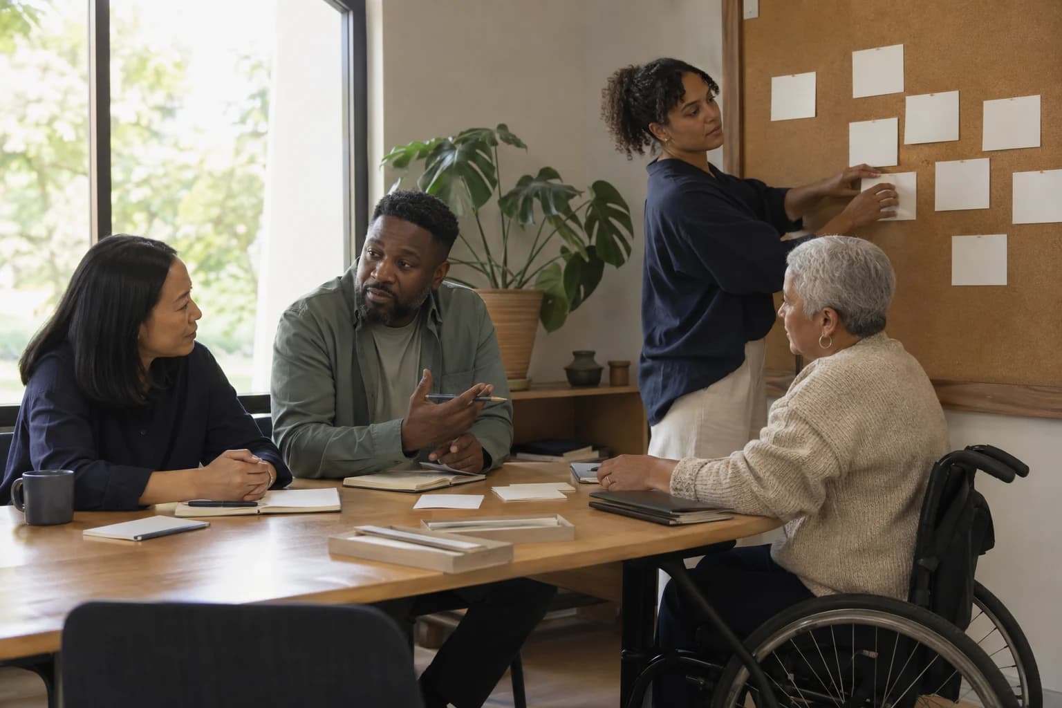 Four colleagues planning together around a table and arranging ideas on a board.