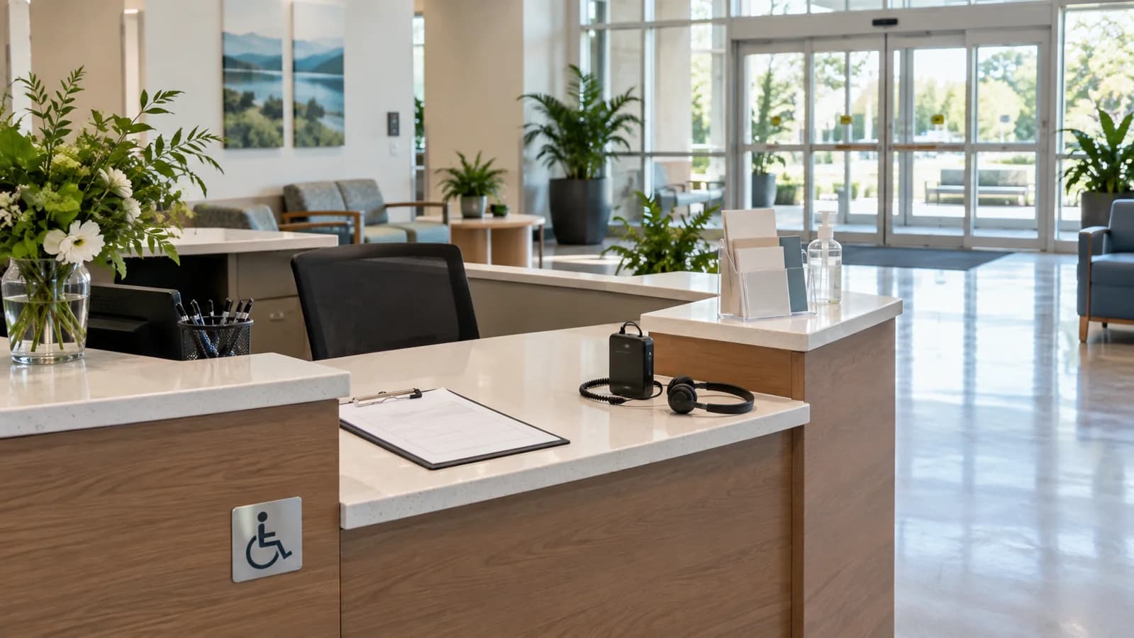An accessible reception counter is prepared with an assistive listening headset and space for visitors.