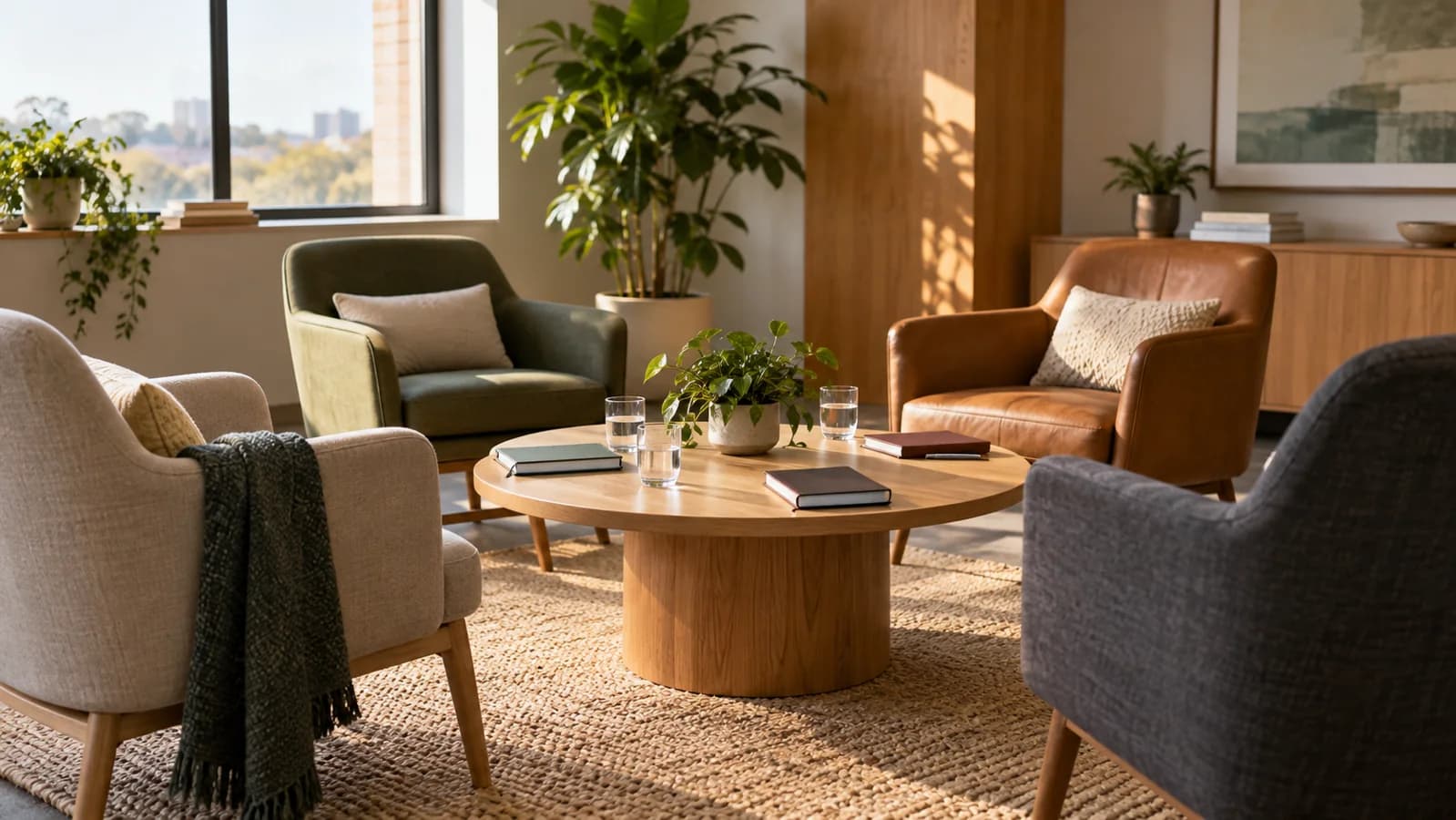 Four chairs, notebooks, and water glasses are arranged for a listening conversation.