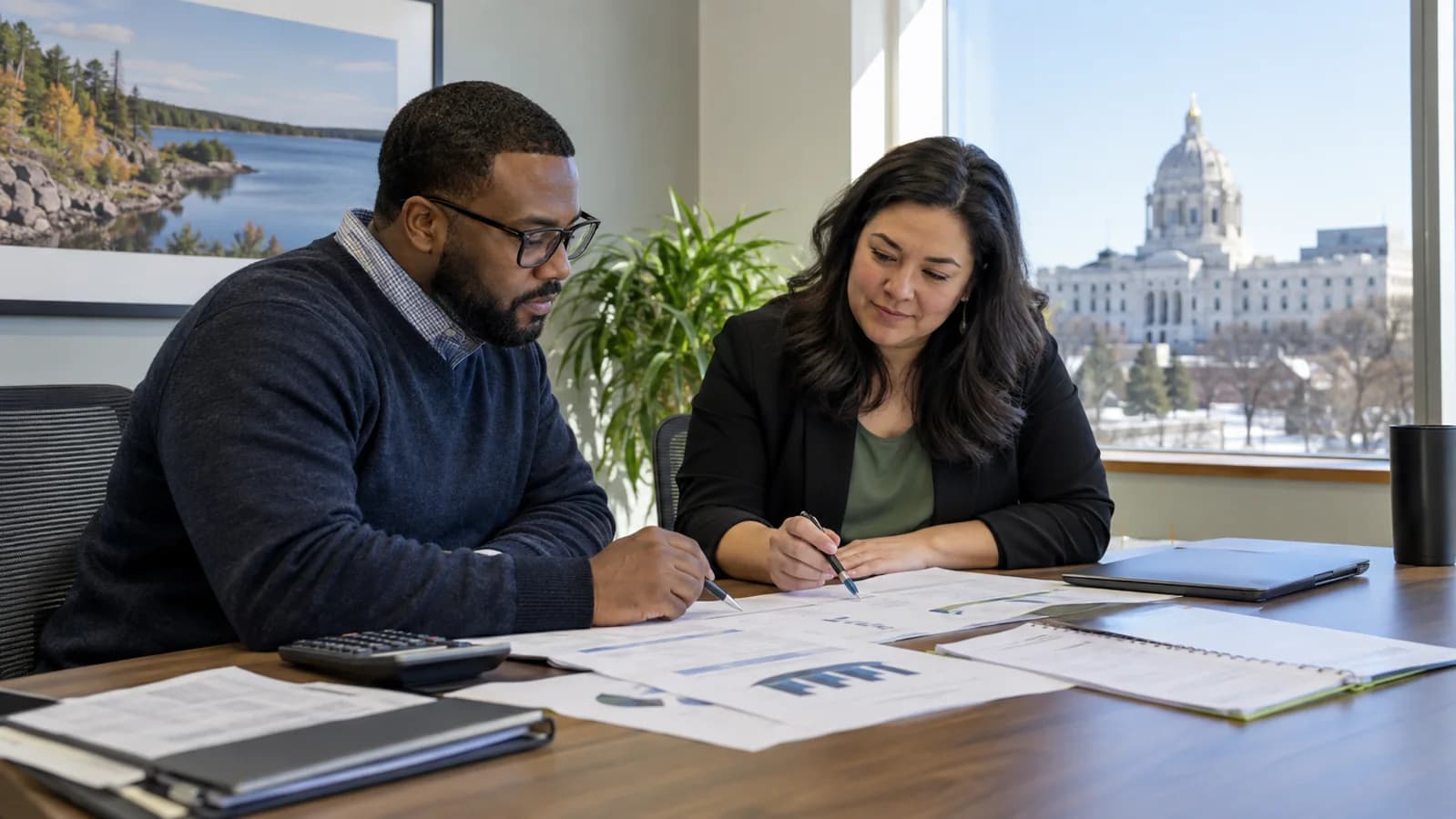 Two colleagues review budget figures and procurement documents together at a table.