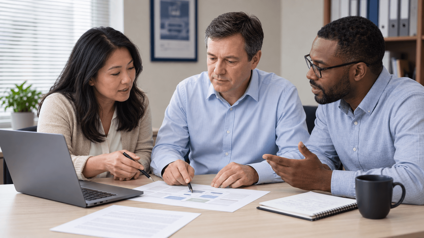 Three colleagues collaborate around a desk, discussing a shared planning document.