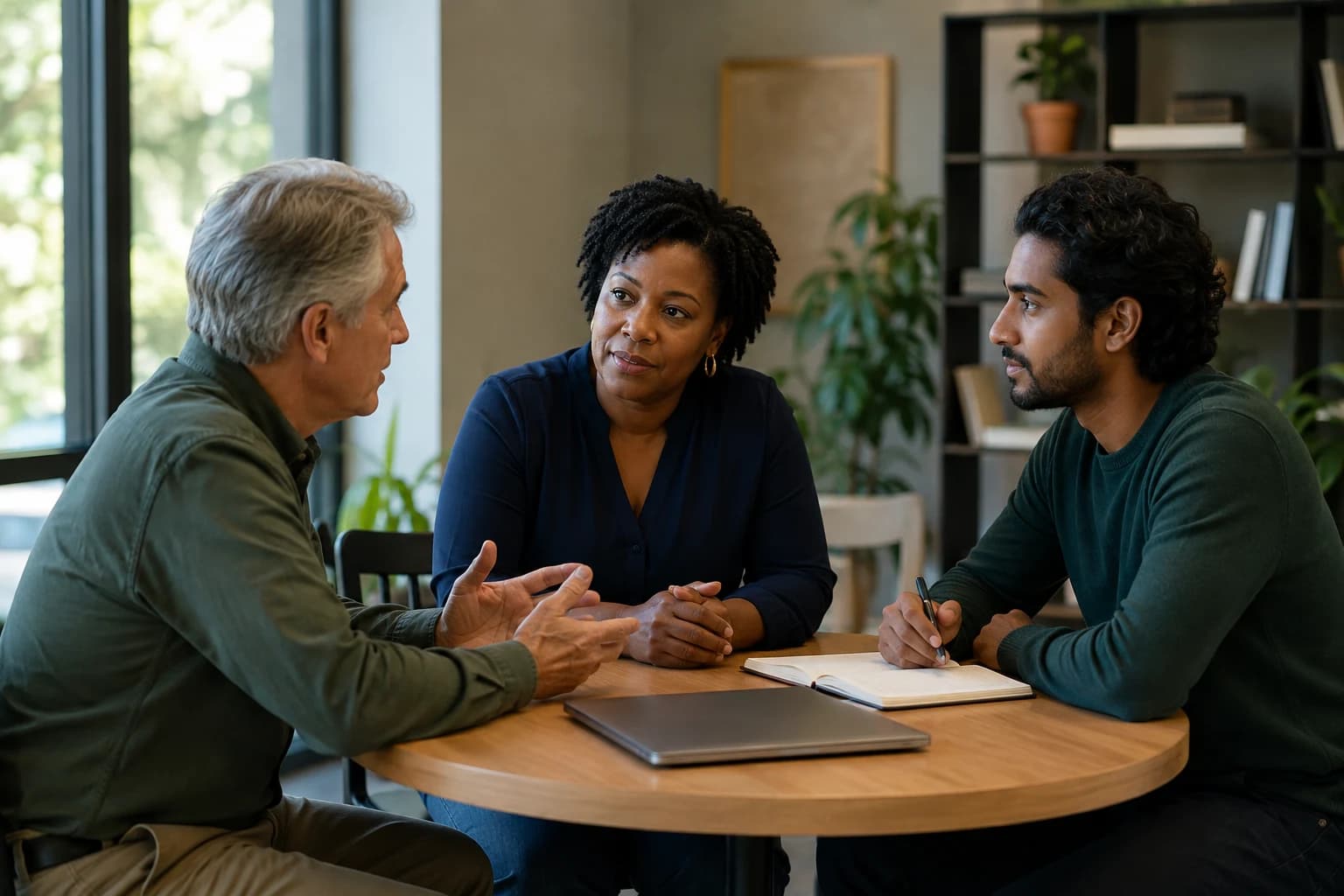 Three people sharing a conversation around a table in a bright sitting area.