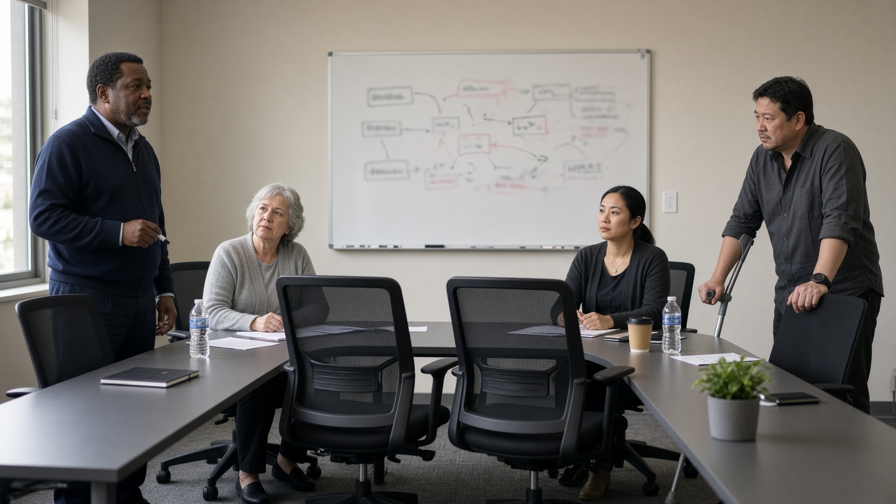 A planning meeting with a blurred whiteboard and two empty chairs at the table.