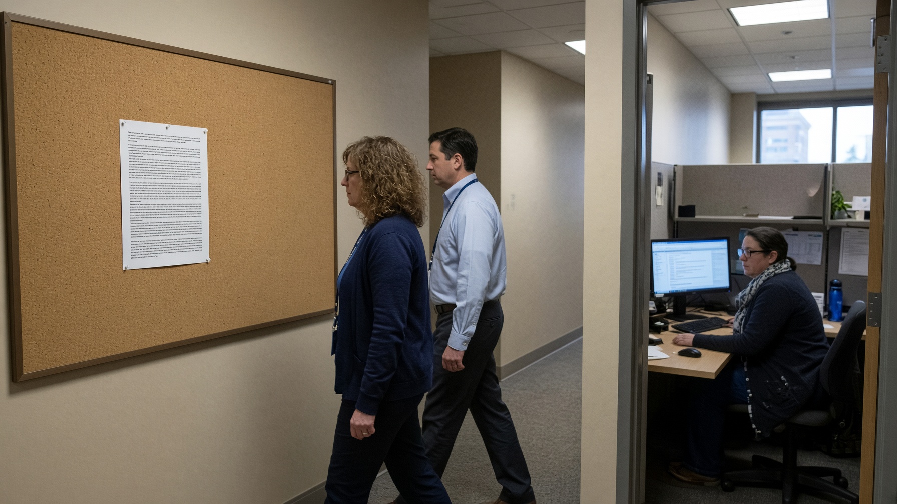 A government corridor bulletin board with a dense memo. Staff walk past. Someone reads a long email alone.