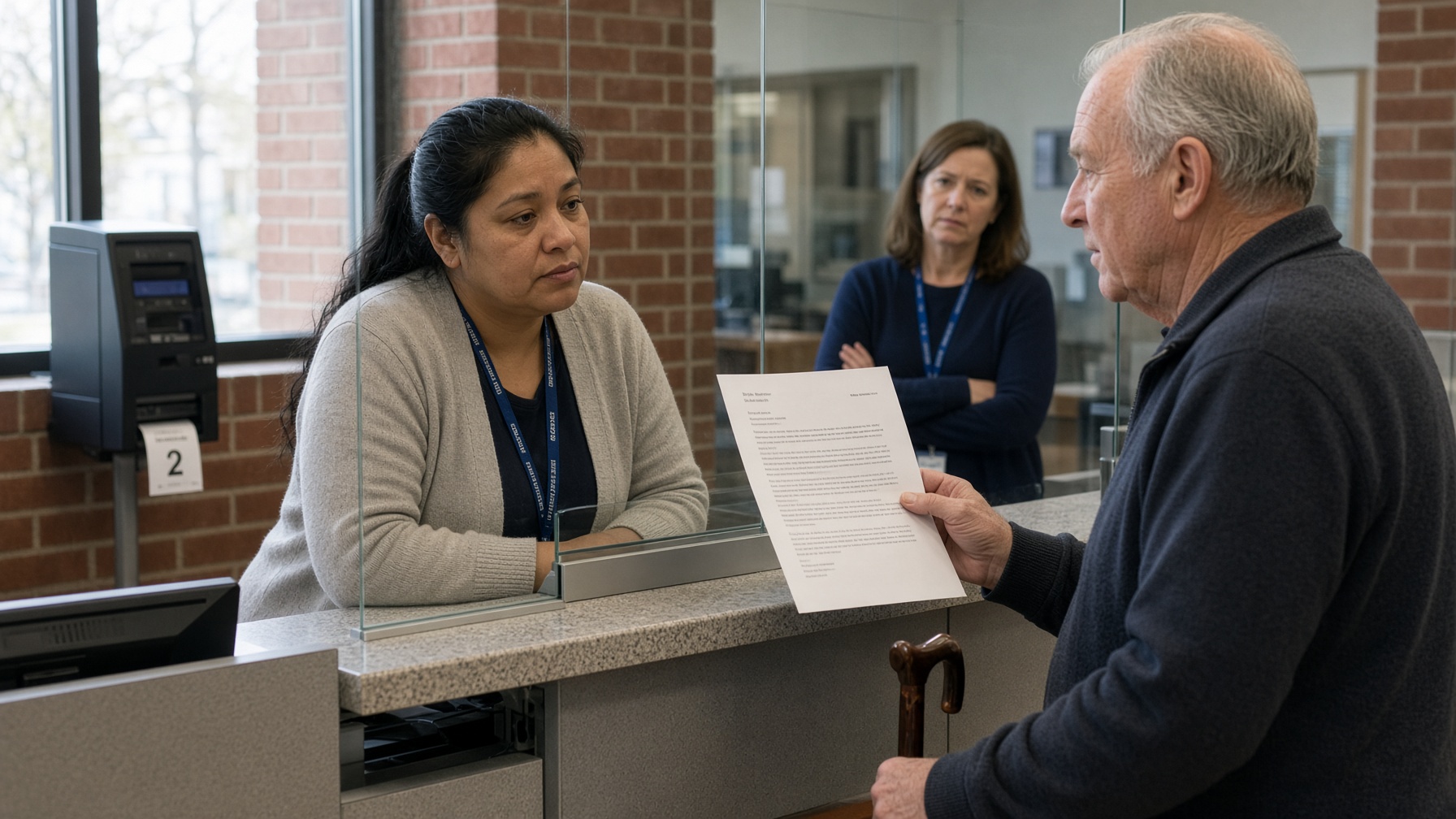 At a public counter, a staff member hears about a benefits change from a member of the public. A supervisor in the background realizes the team was not briefed.