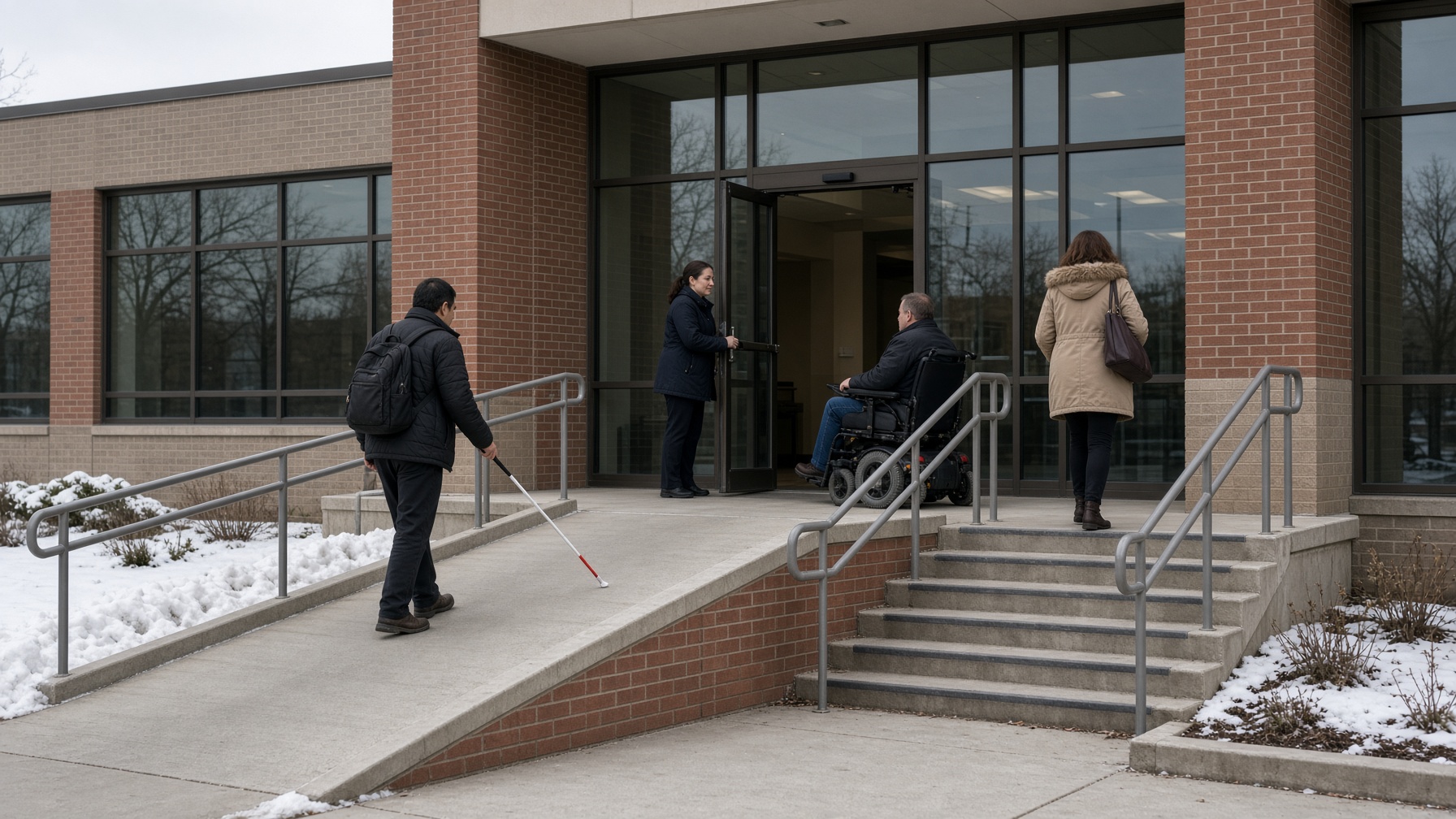 People entering a brick public building by ramp and automatic door, including a person using a wheelchair and a person using a white cane.