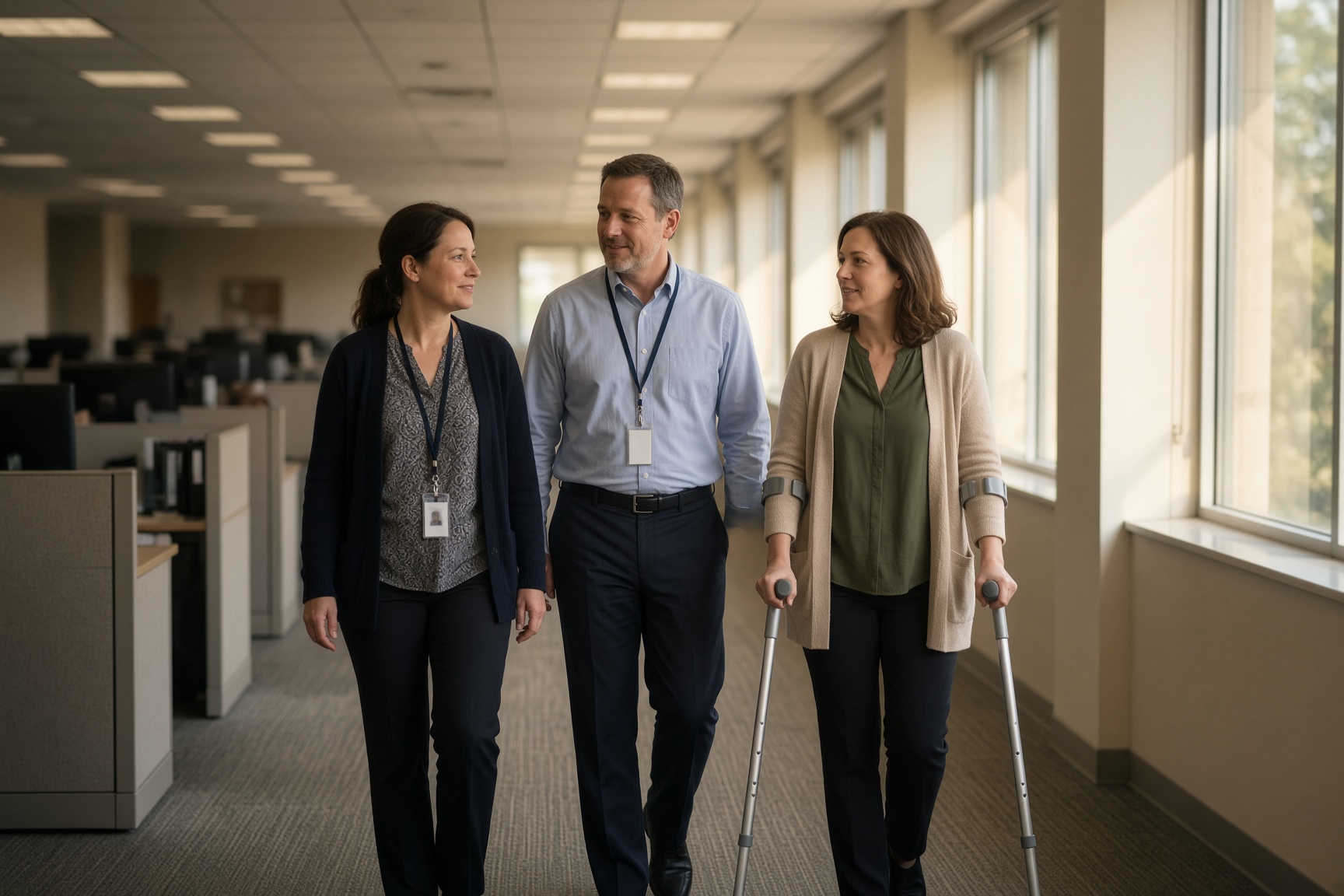 A supervisor walks an office hallway at the same pace as a colleague who uses forearm crutches.