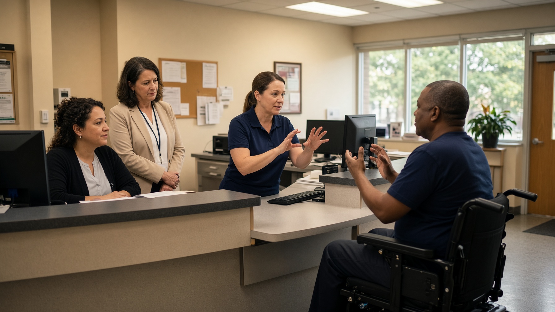 At a human-services counter, a supervisor stands with a front-line worker while an interpreter signs with a member of the public.