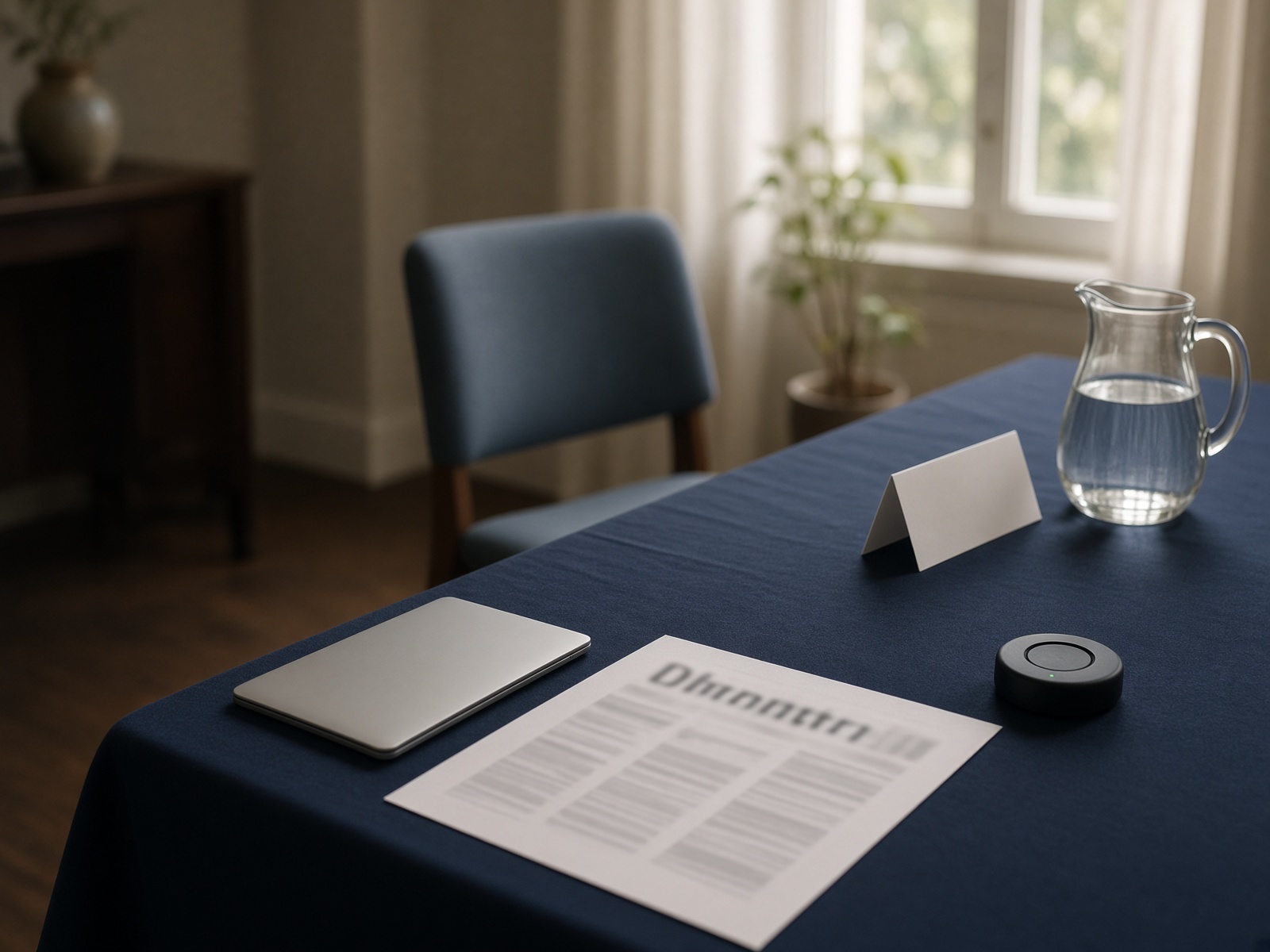 A meeting table prepared before anyone arrives: an empty chair with clear floor space, a closed laptop, and printed materials set in morning light.