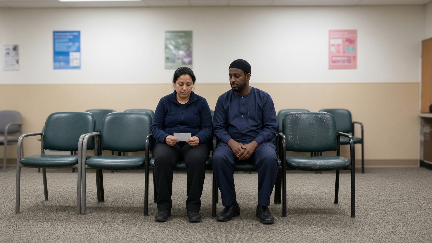 A clinic waiting room: a woman holds an appointment card, a support worker sits beside her.