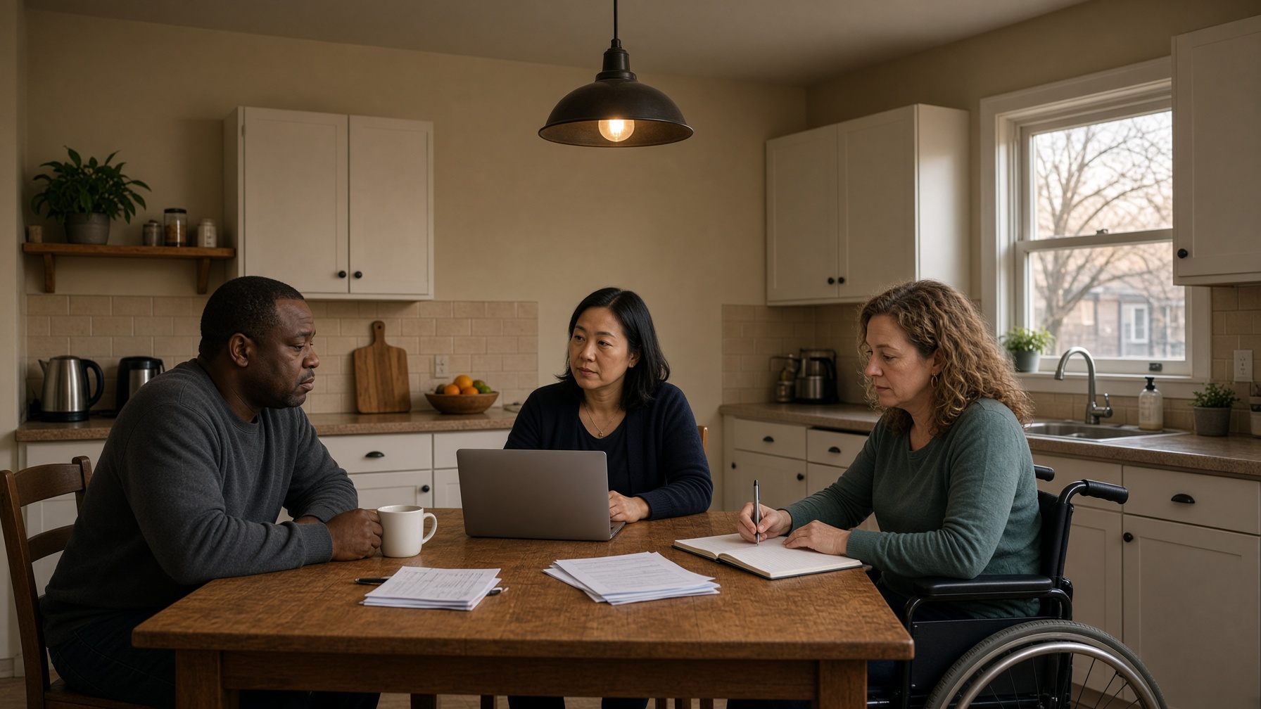 A kitchen-table planning meeting with mixed staff and a person who does not look “injured.”