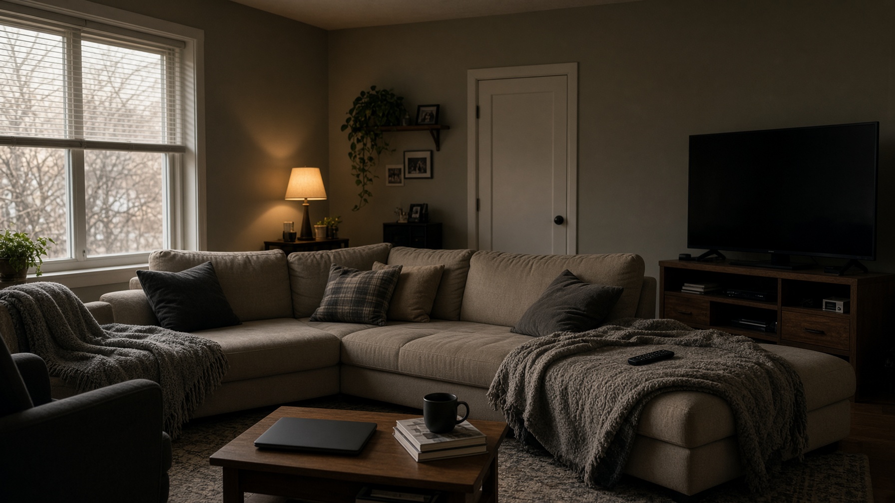 An empty living room, TV off, one lamp on — a life that got smaller.