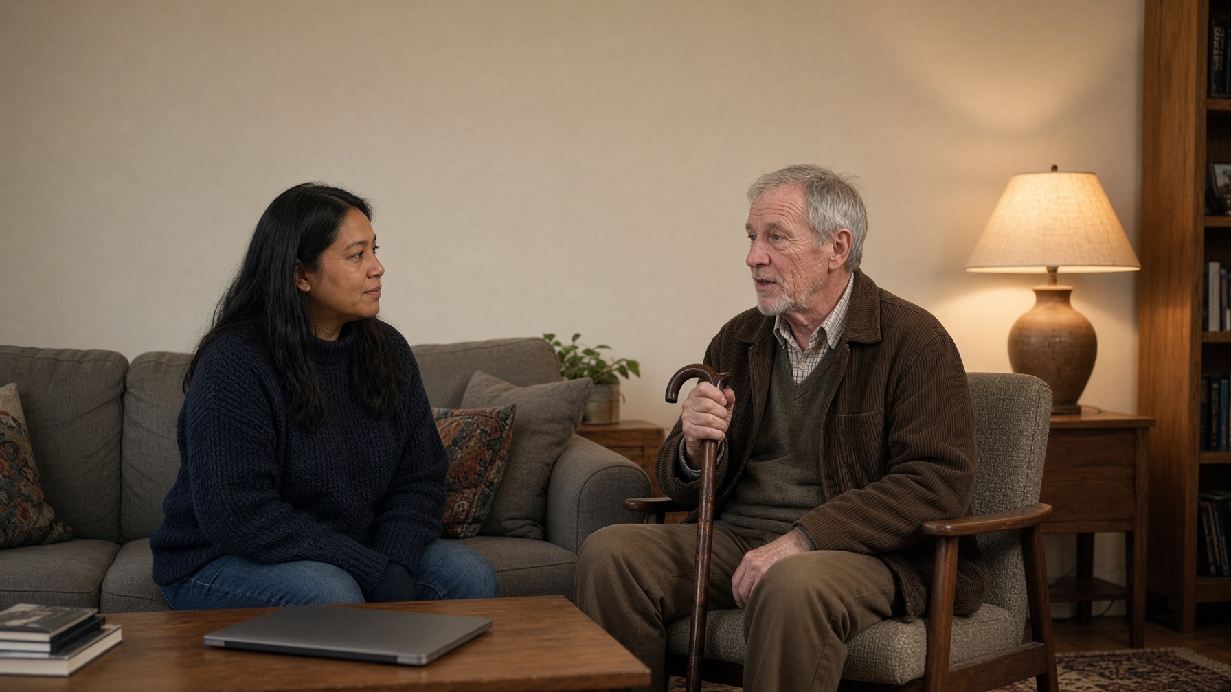 A staff person listens while a man with a cane explains what he remembers this week.