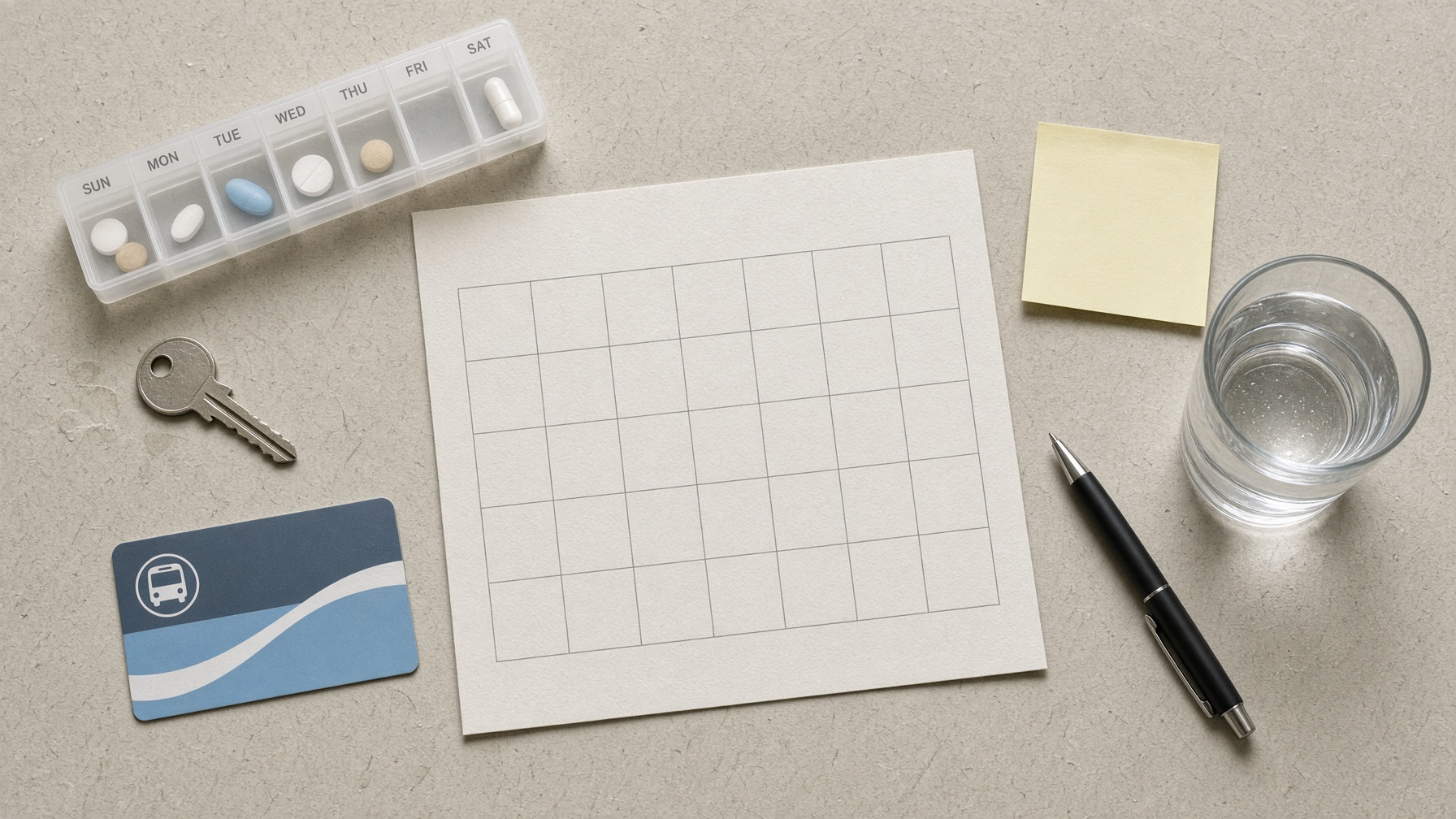 A planning table with a pill organizer, a calendar, a house key, and a bus pass.