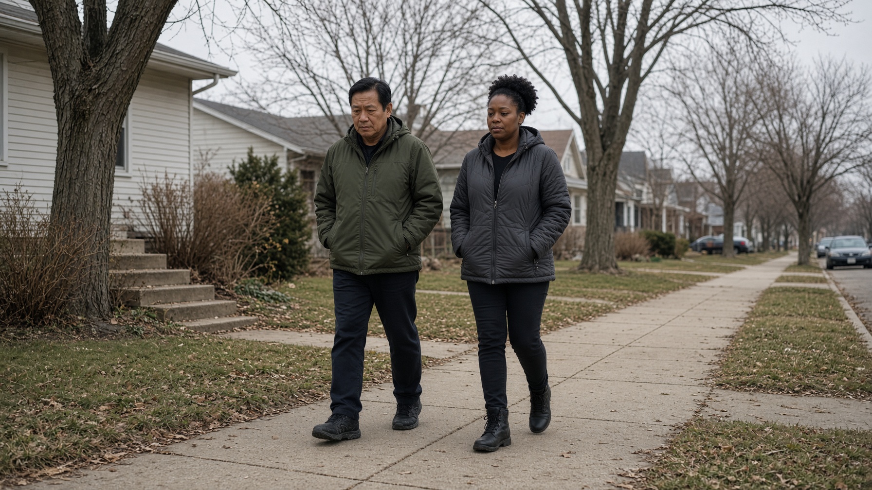 Two people on a Minnesota sidewalk — a community hour that had to be paced.