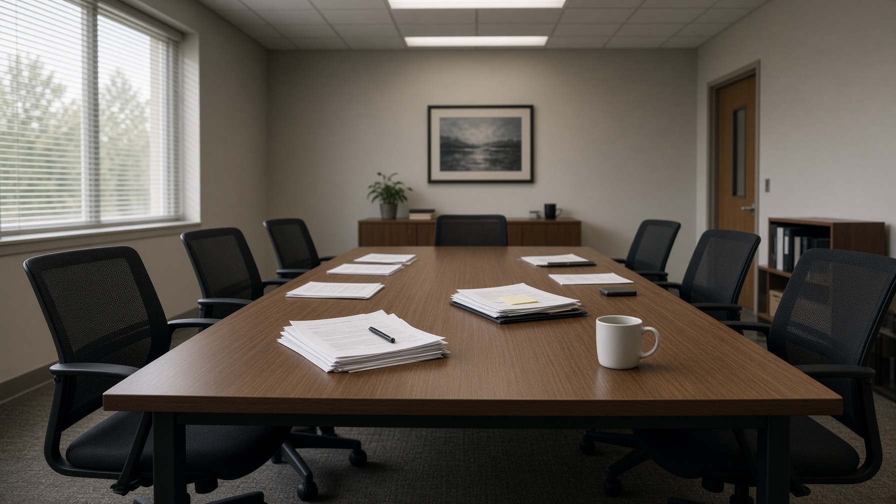 An empty conference table after a meeting — the packet already moved.