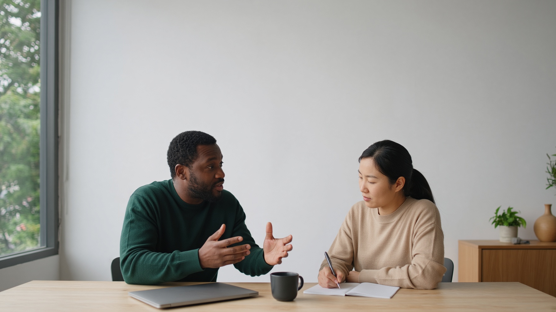 Two colleagues working a proposal — the work can still change.