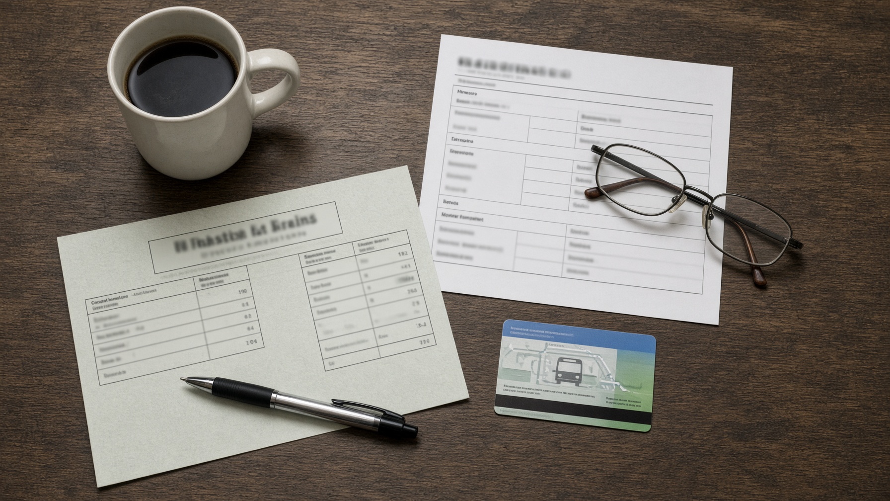 A table with a paycheck stub, a benefits worksheet, glasses, a bus pass, and a pen.