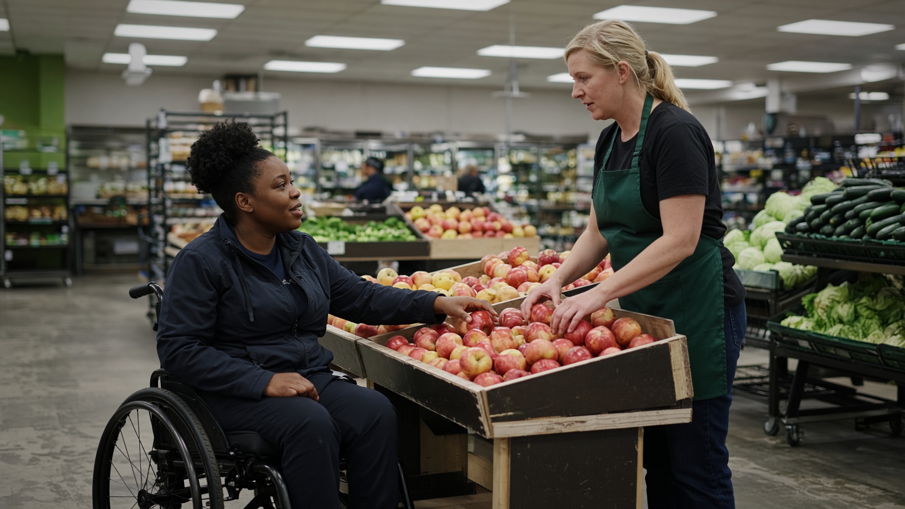 A coworker and a woman using a wheelchair stock produce together in a grocery store.