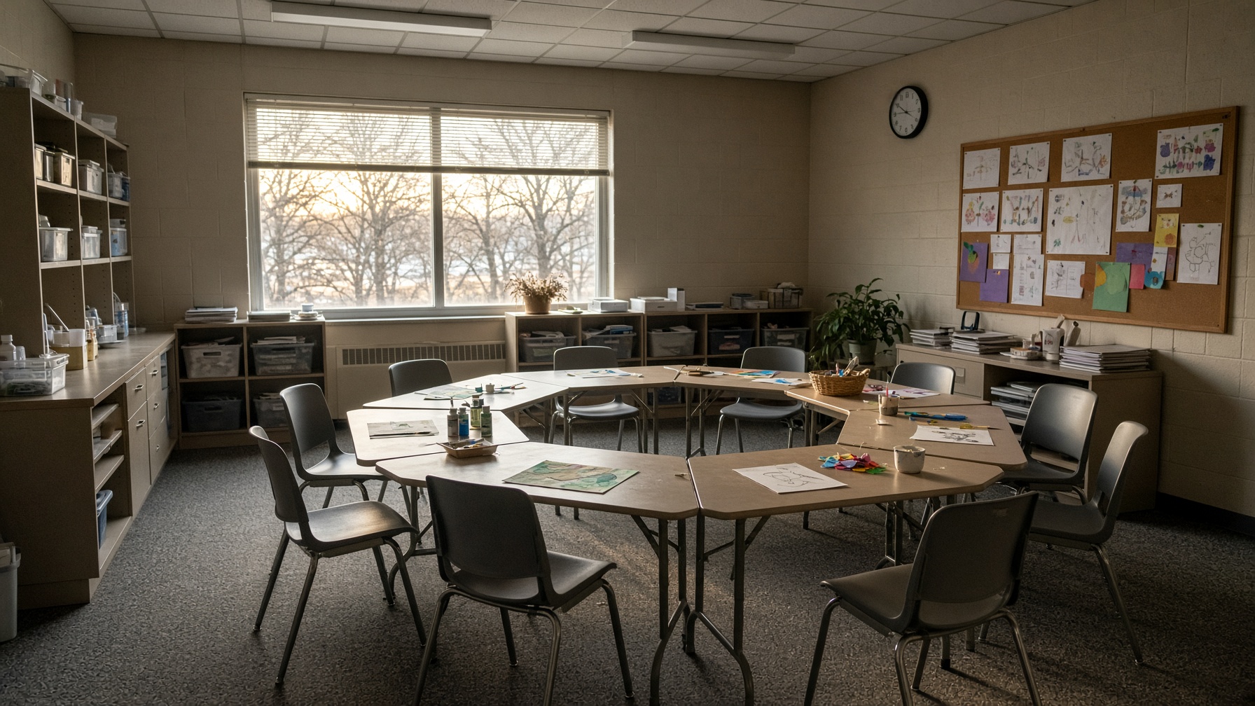 An empty day-program craft room with folding tables and a circle of unused chairs.