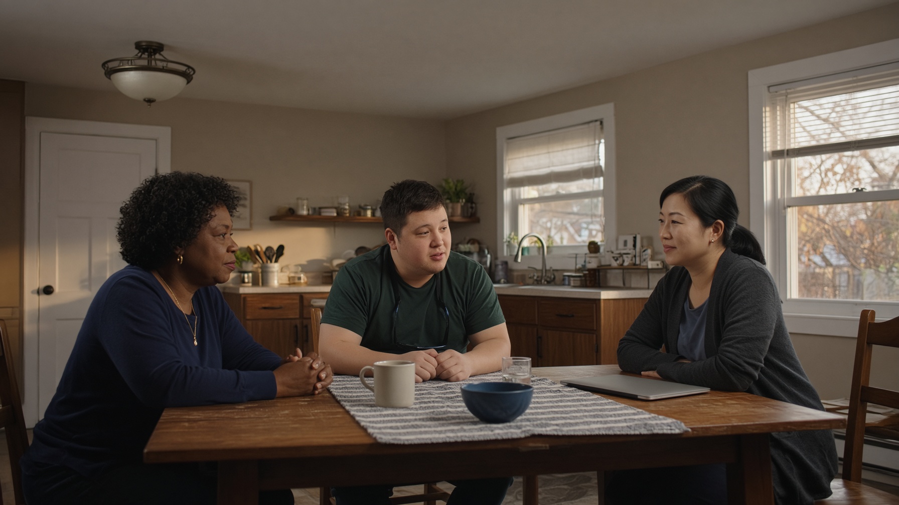 A kitchen-table planning meeting with family, the person, and a case manager.
