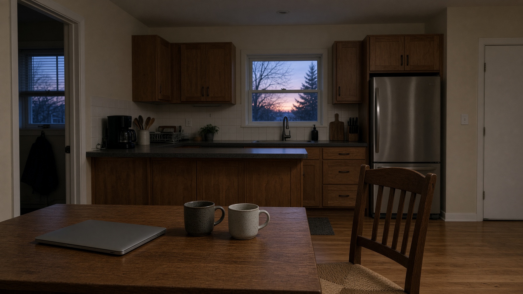 An empty kitchen at dusk — two mugs, a chair pushed back.