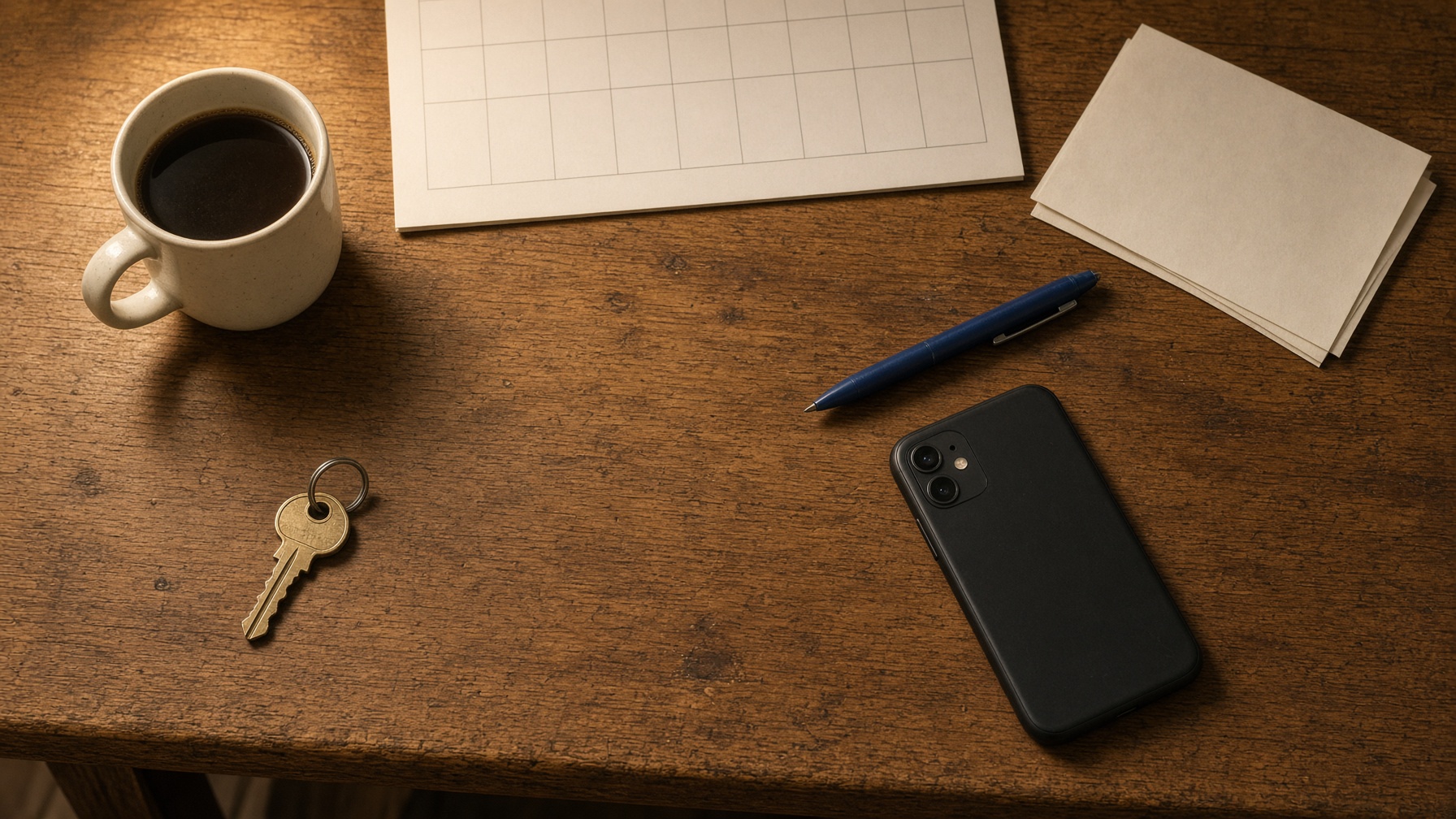 A kitchen table with a calendar, a house key, a phone face-down, and two mugs.