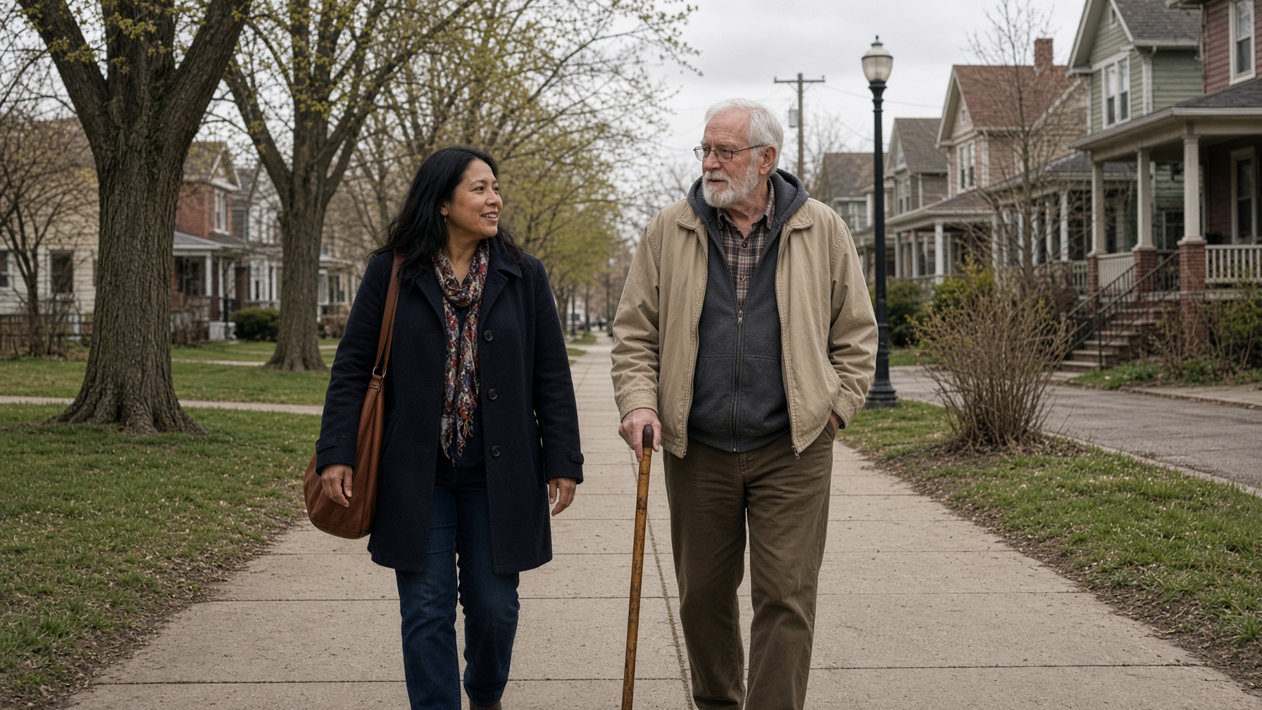 Two people walking together on a Minnesota sidewalk.