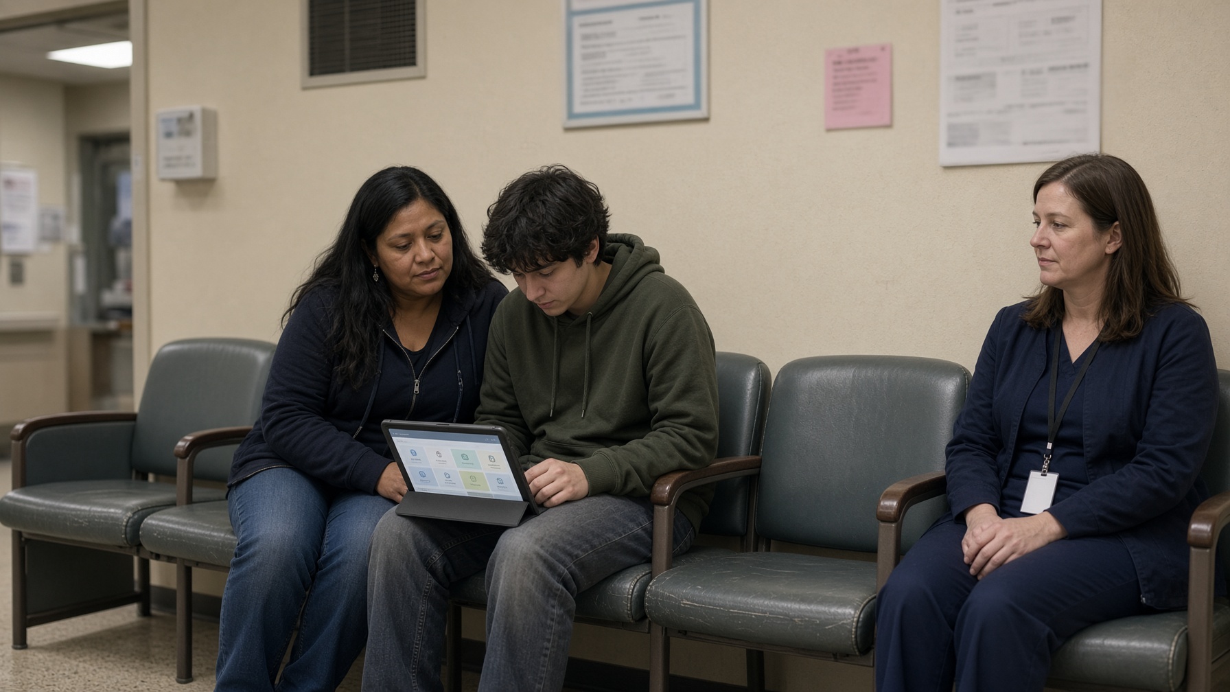 A clinic waiting room: a woman sits with a young adult using a communication device; staff sits beside them.