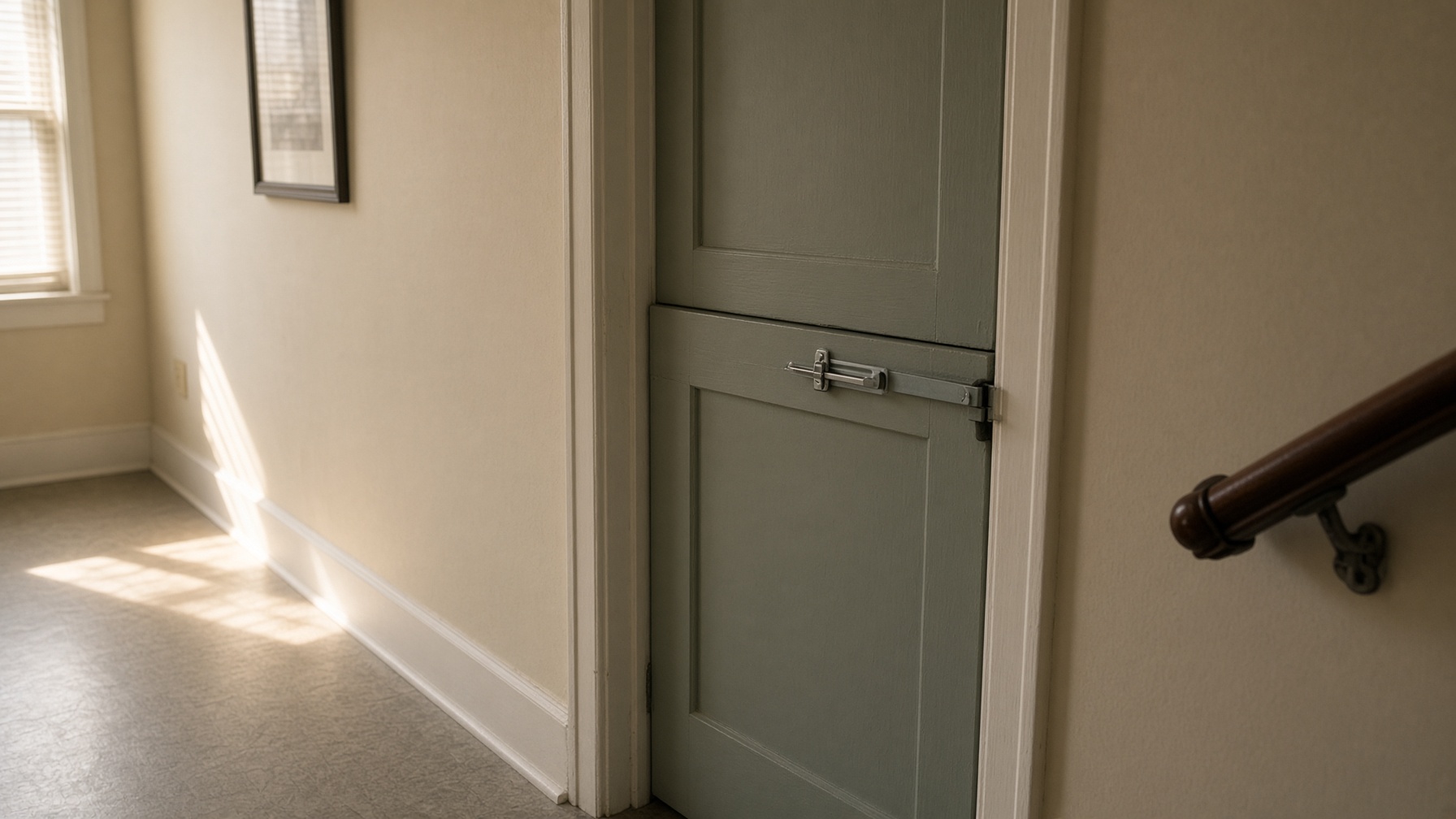 A closed, latched kitchen door in a residential hallway, late afternoon.