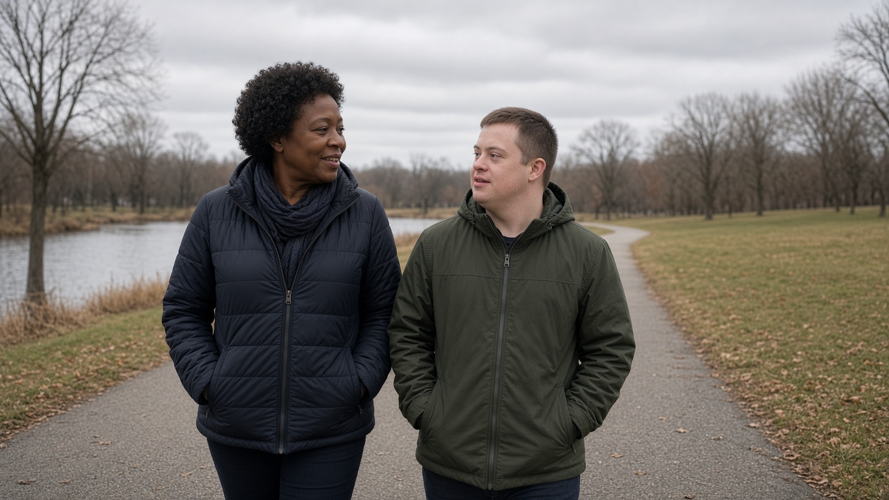 Two people walking and talking on a Minnesota park path.