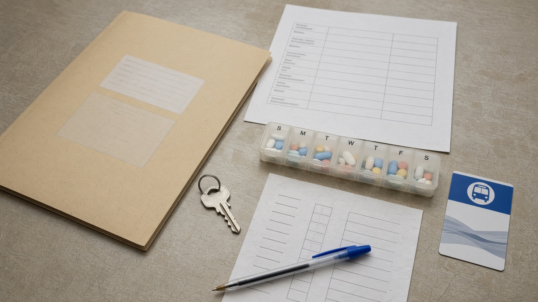 A planning table with a support plan, a risk worksheet, a pill organizer, a house key, and a bus pass.