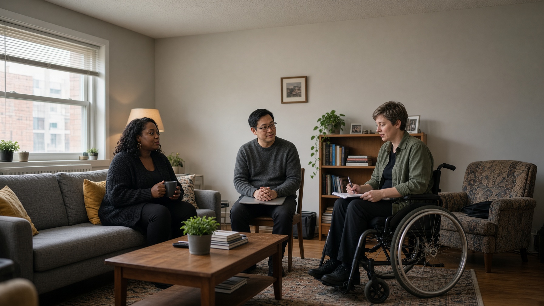 A living-room planning meeting where the person is in the conversation, not the topic of it.