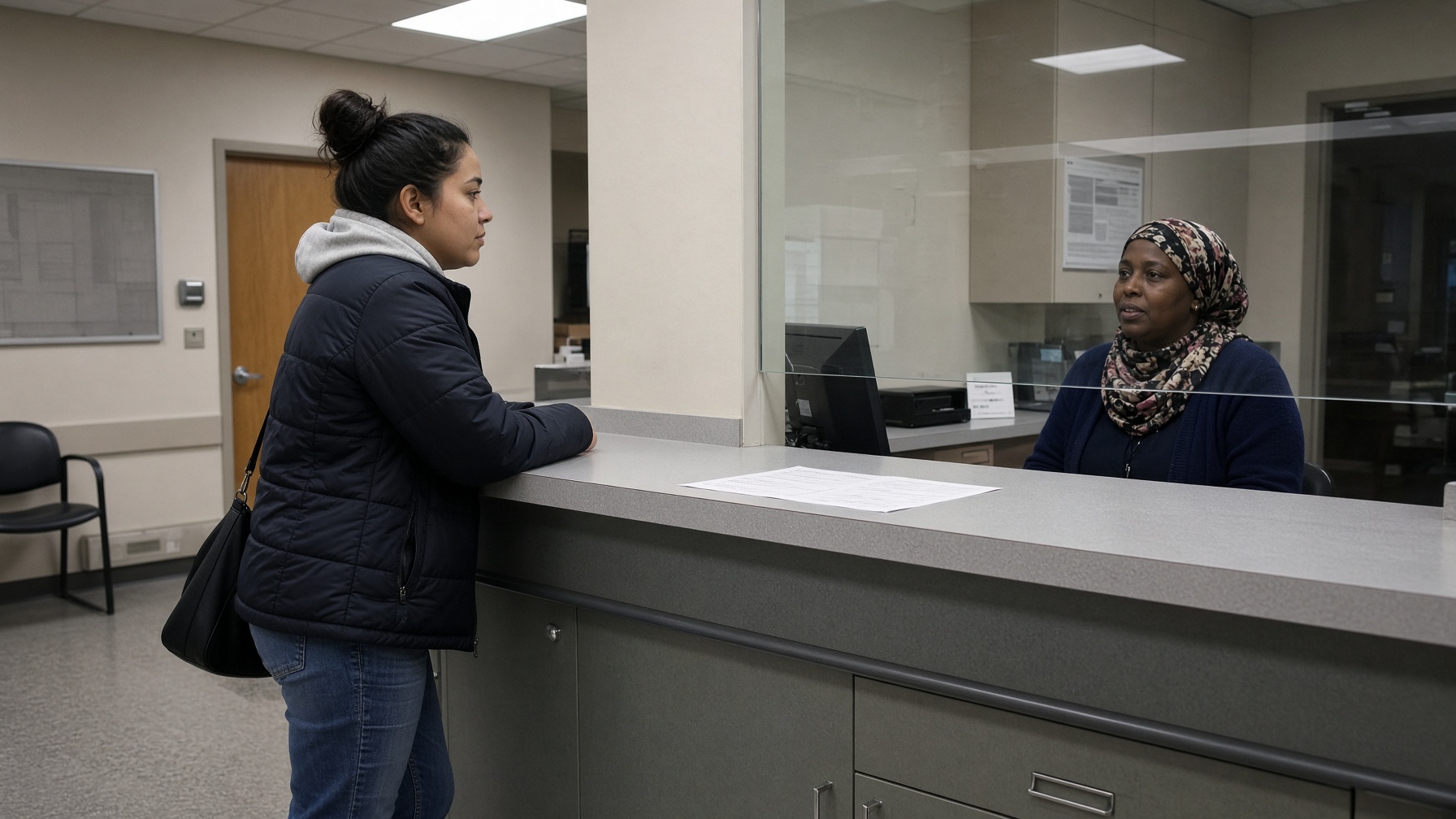 A clinic front desk with a form on the counter.