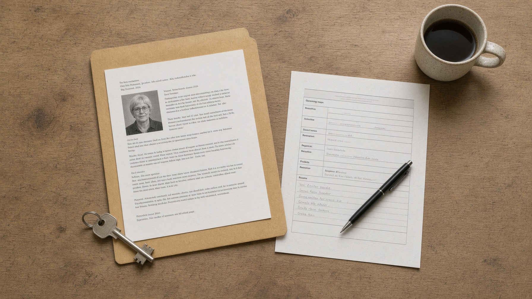 A planning table with a one-page profile, an intake form, and a house key.