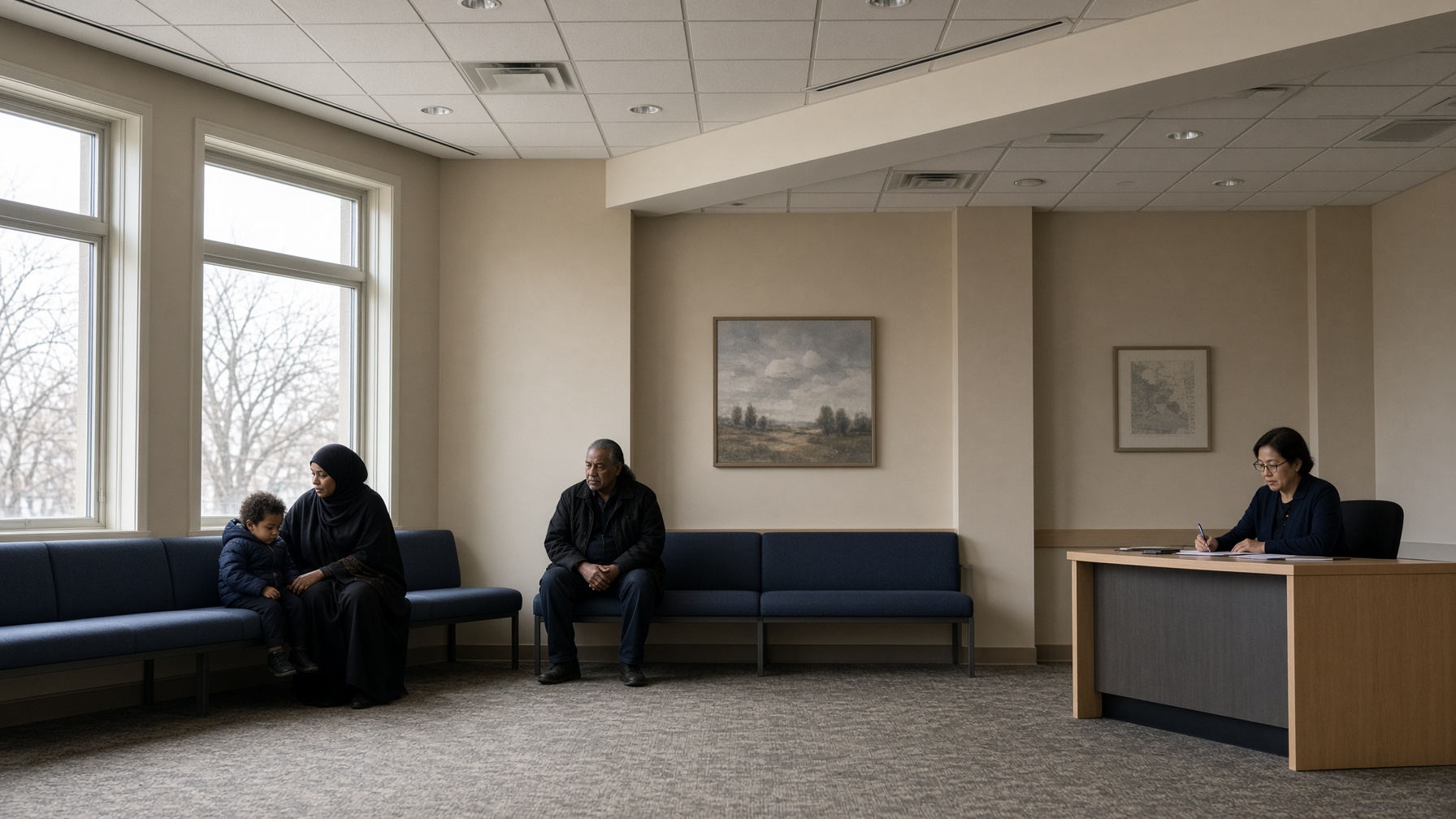 A Minnesota waiting area — this title is about who sits here and how long.