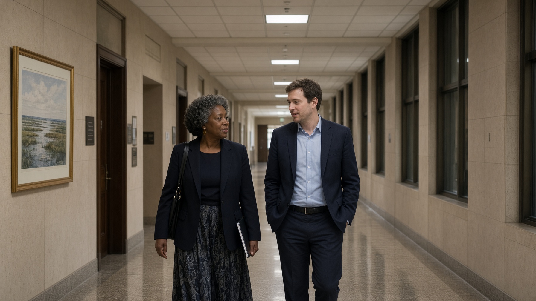 A conversation in a corridor.