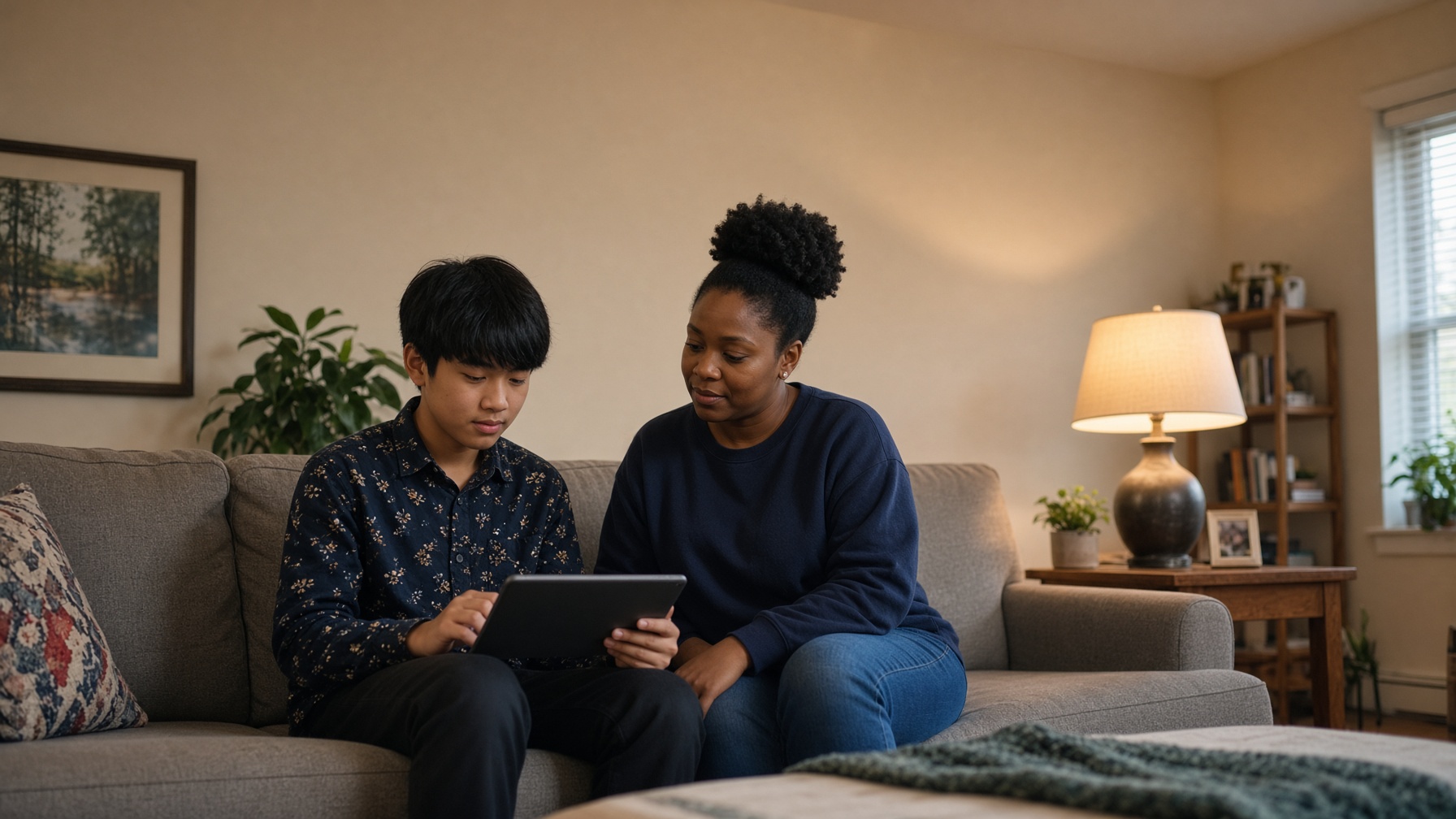 A young person uses a communication tablet while a support worker sits beside them at the same height.