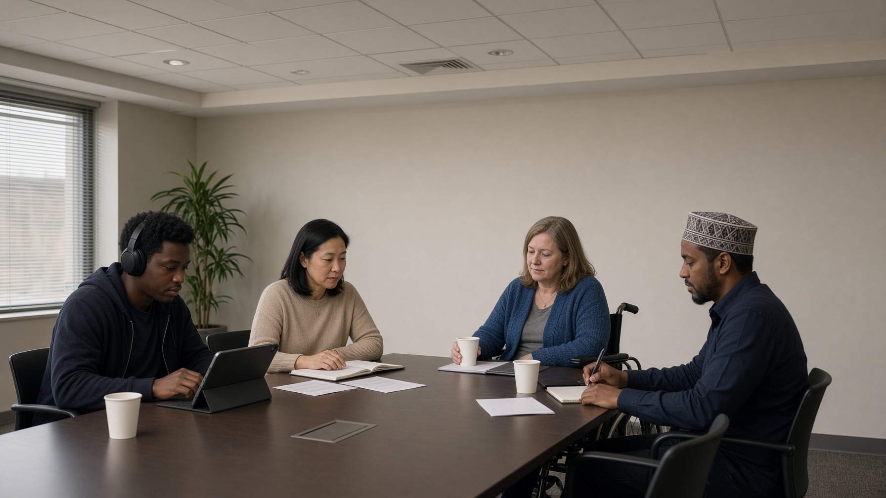 A mixed planning meeting where someone uses headphones and a tablet instead of forced eye contact.
