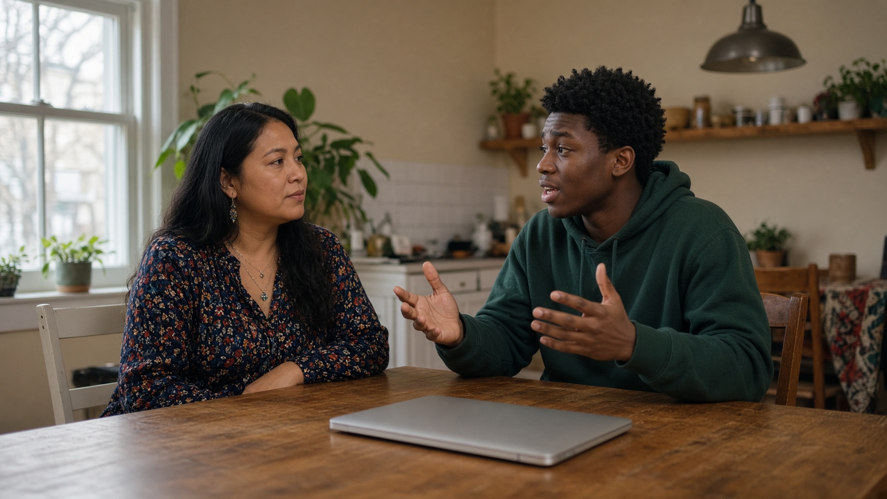 A staff person listens while a young man explains how he wants to work, laptop closed.