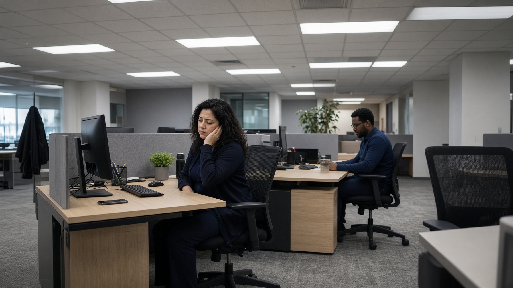An open office under fluorescent light; one person covers an ear, another works at the next desk.