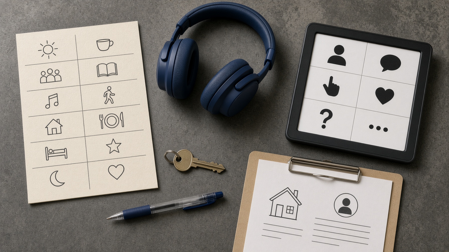 A planning table with headphones, a communication device, a visual schedule, and a house key.