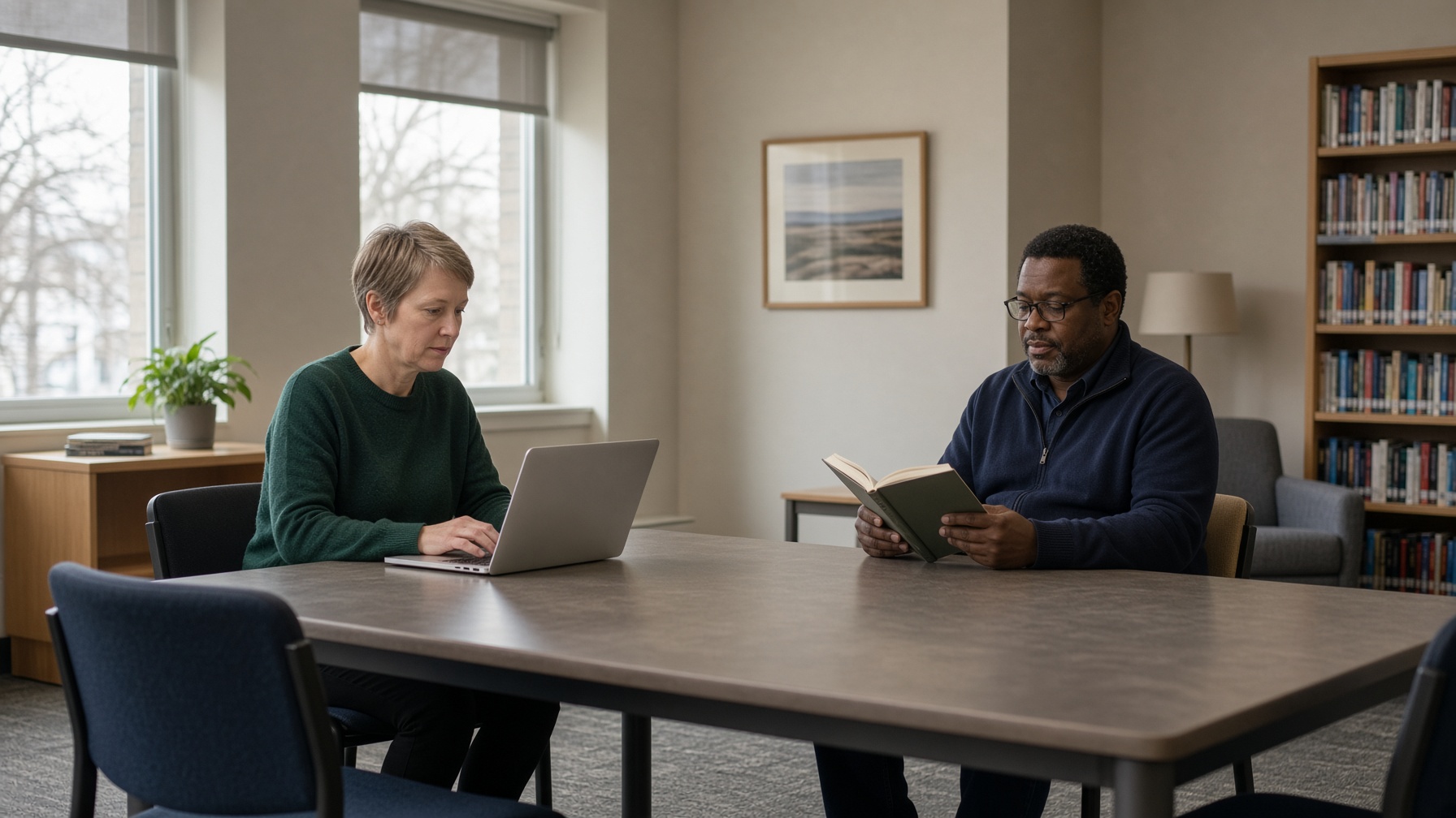 A quiet community room: two people working side by side, not performing a group.