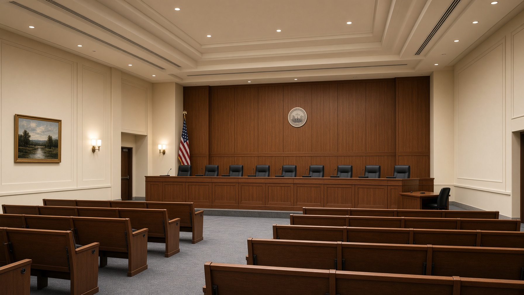 An empty hearing room — law can change in a day; starting lines do not.